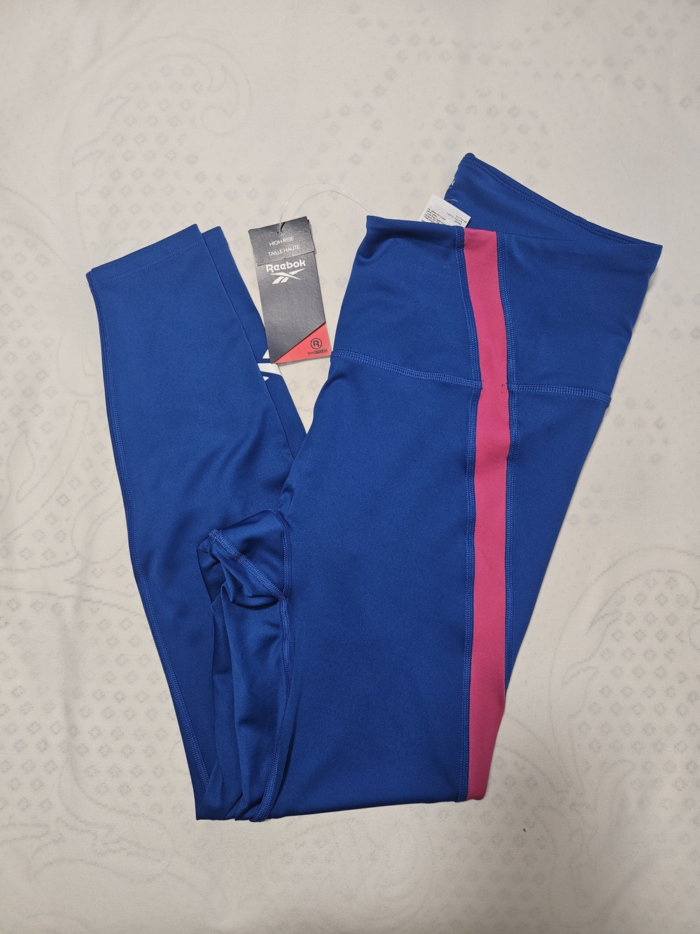 NWT Reebok Workout Ready Big Logo High Rise Speedwick Leggings Blue Pink XL